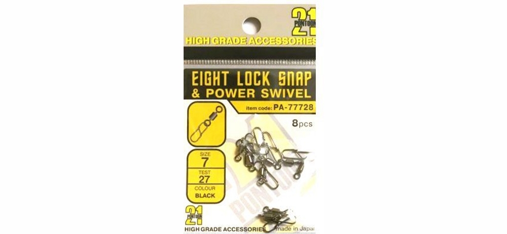 Застёжка с вертлюжком Pontoon 21 Eight Lock Snap & Power Swivel , черн., 8шт.уп., #06, 37кг. - фото