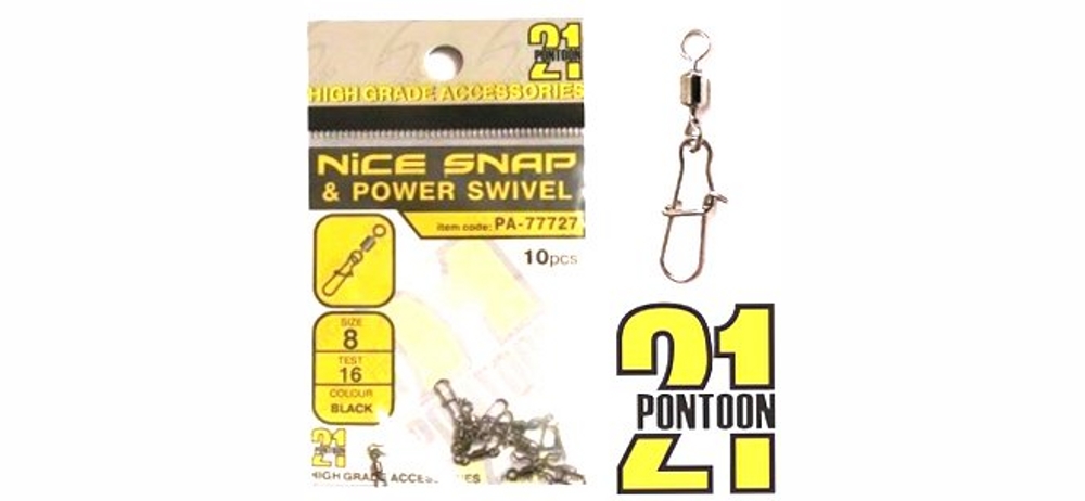 Застёжка с вертлюжком Pontoon 21 Nice Snap & Power Swivel , черн., 10шт.уп., #08, 16кг. - фото